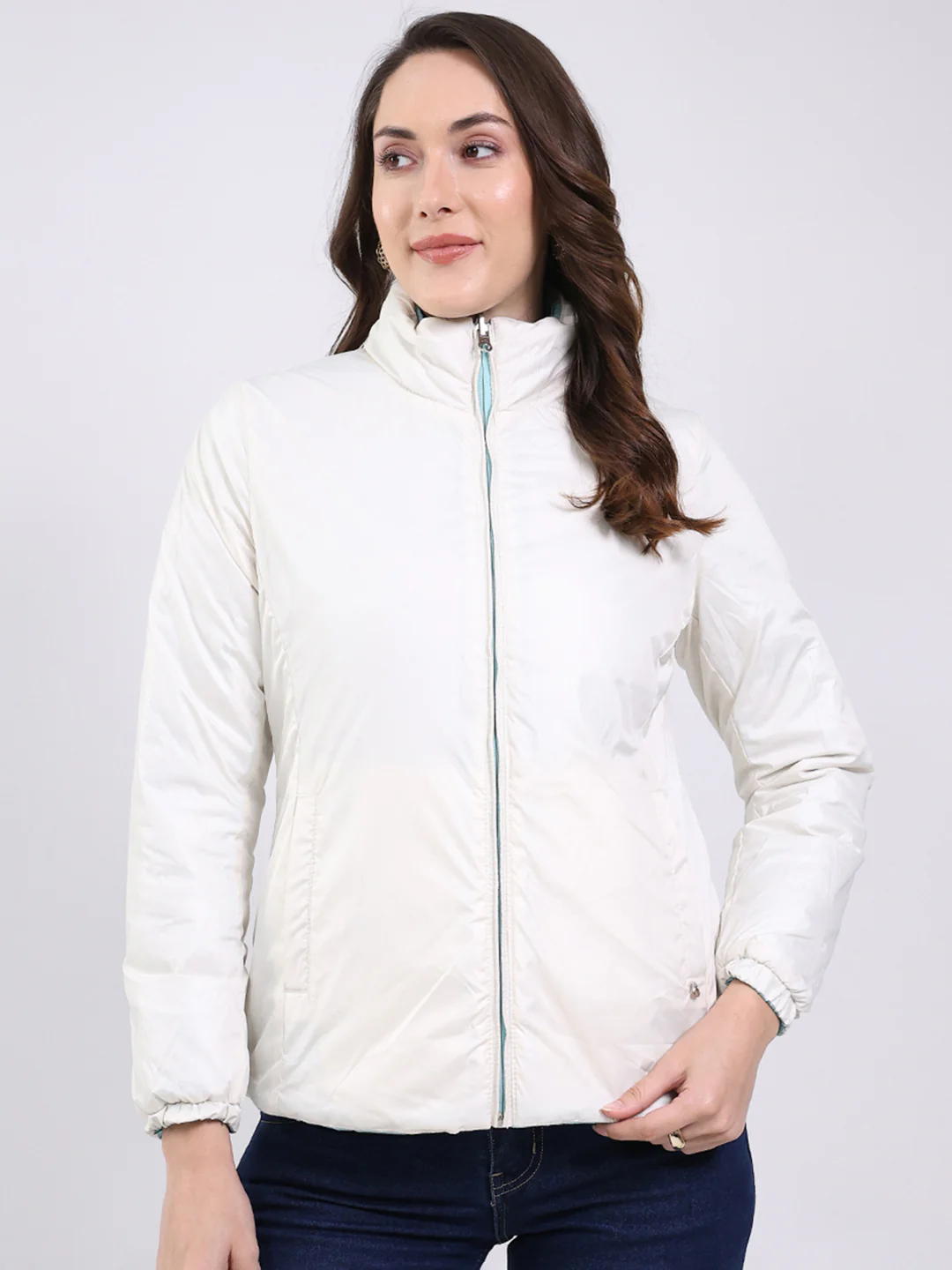 Women Sky Blue Solid Mock Neck Full Sleeve Jacket - Image 7