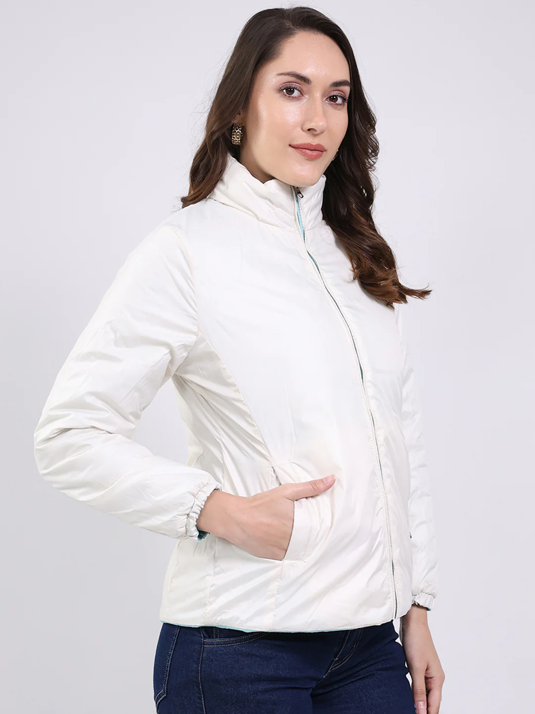 Women Sky Blue Solid Mock Neck Full Sleeve Jacket - Image 8