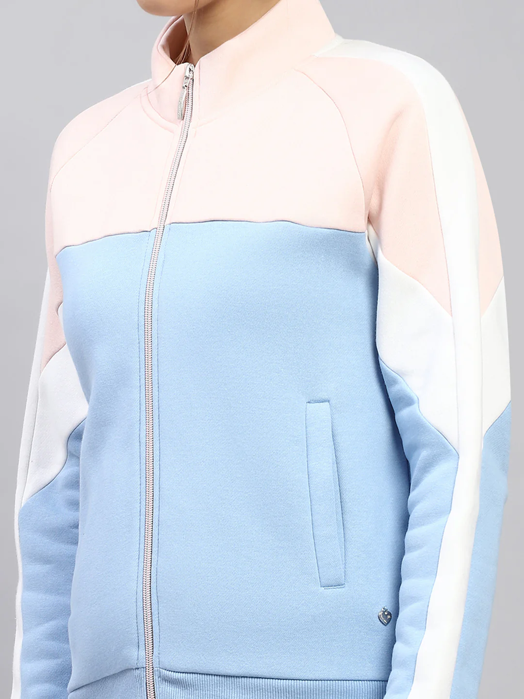 Women Sky Blue Solid Mock Neck Full Sleeve Tracksuit - Image 6