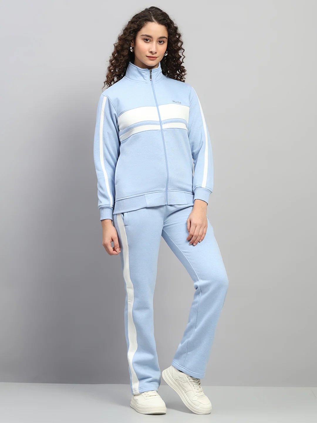 Women Sky Blue Solid Mock Neck Full Sleeve Winter Tracksuit - Image 4