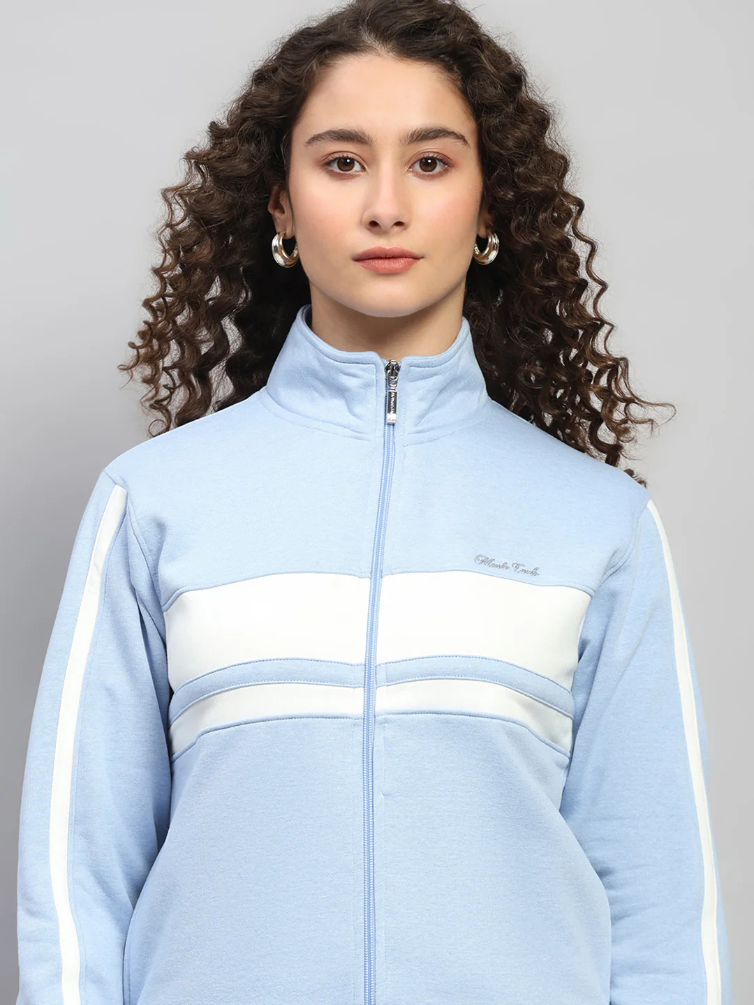 Women Sky Blue Solid Mock Neck Full Sleeve Winter Tracksuit - Image 7