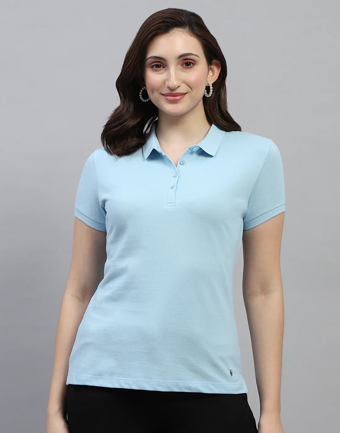 Women Sky Blue Solid Polo Collar Half Sleeve T Shirt - Image 3