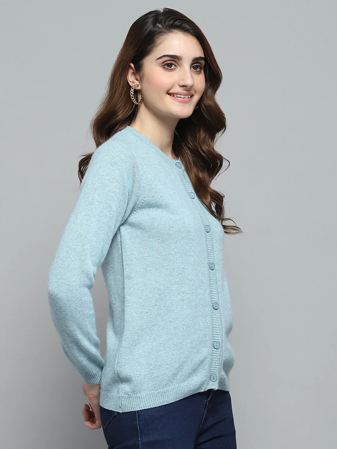Women Sky Blue Solid Round Neck Full Sleeve Cardigan - Image 4
