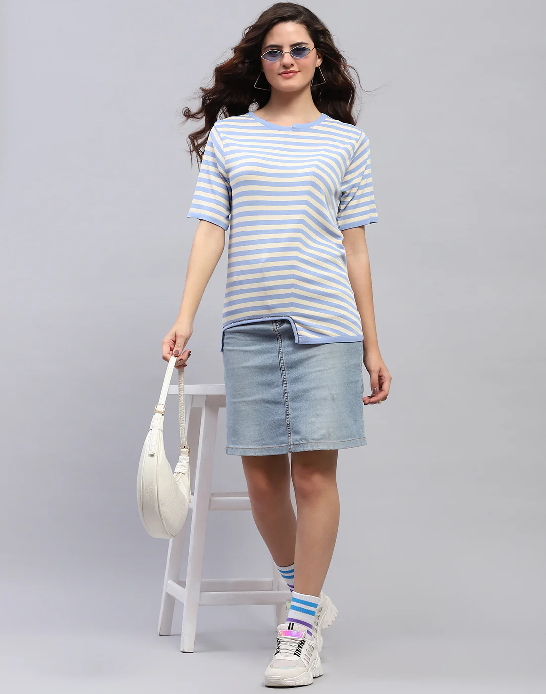 Women Sky Blue Stripe Round Neck Half Sleeve Top - Image 2