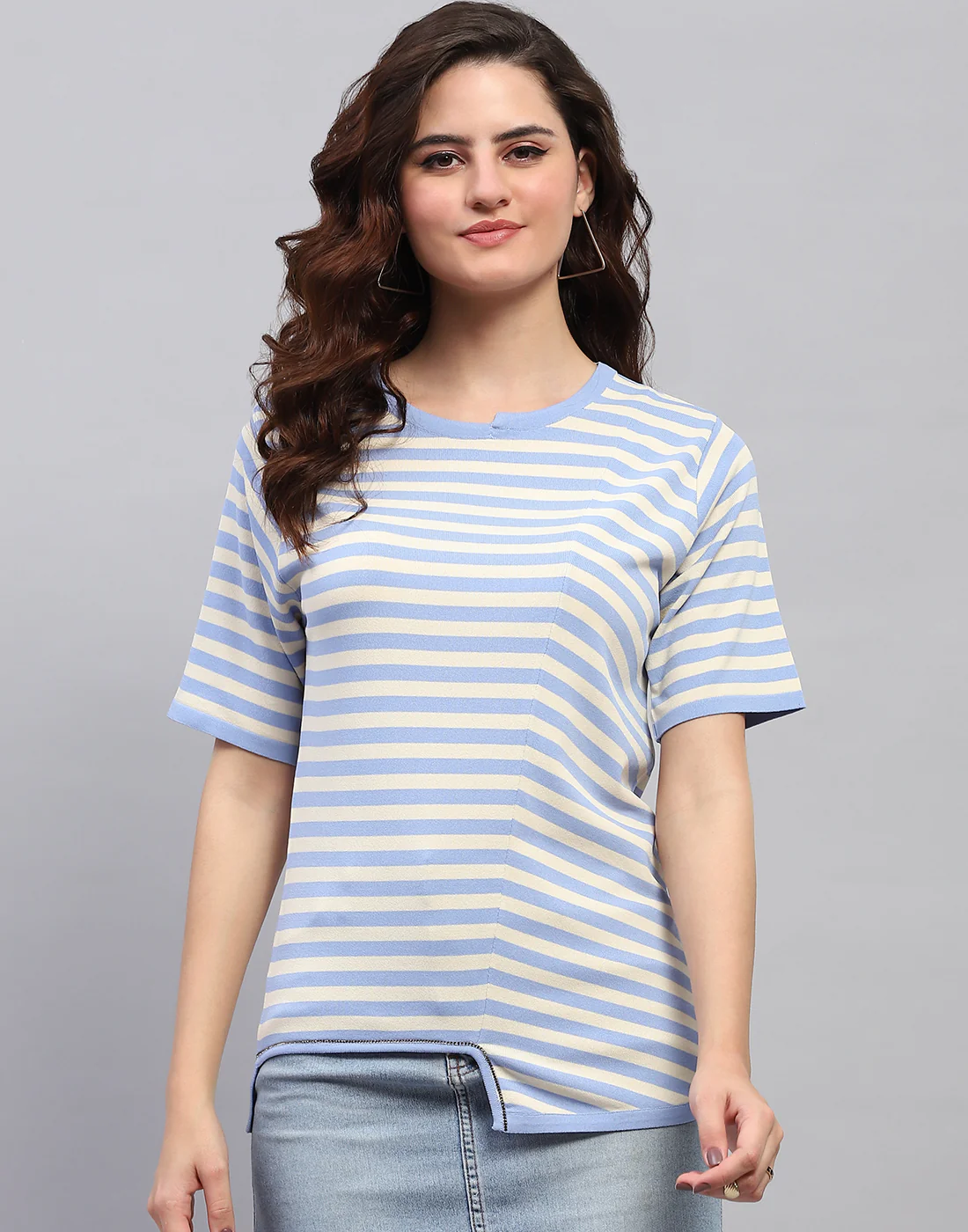 Women Sky Blue Stripe Round Neck Half Sleeve Top - Image 3
