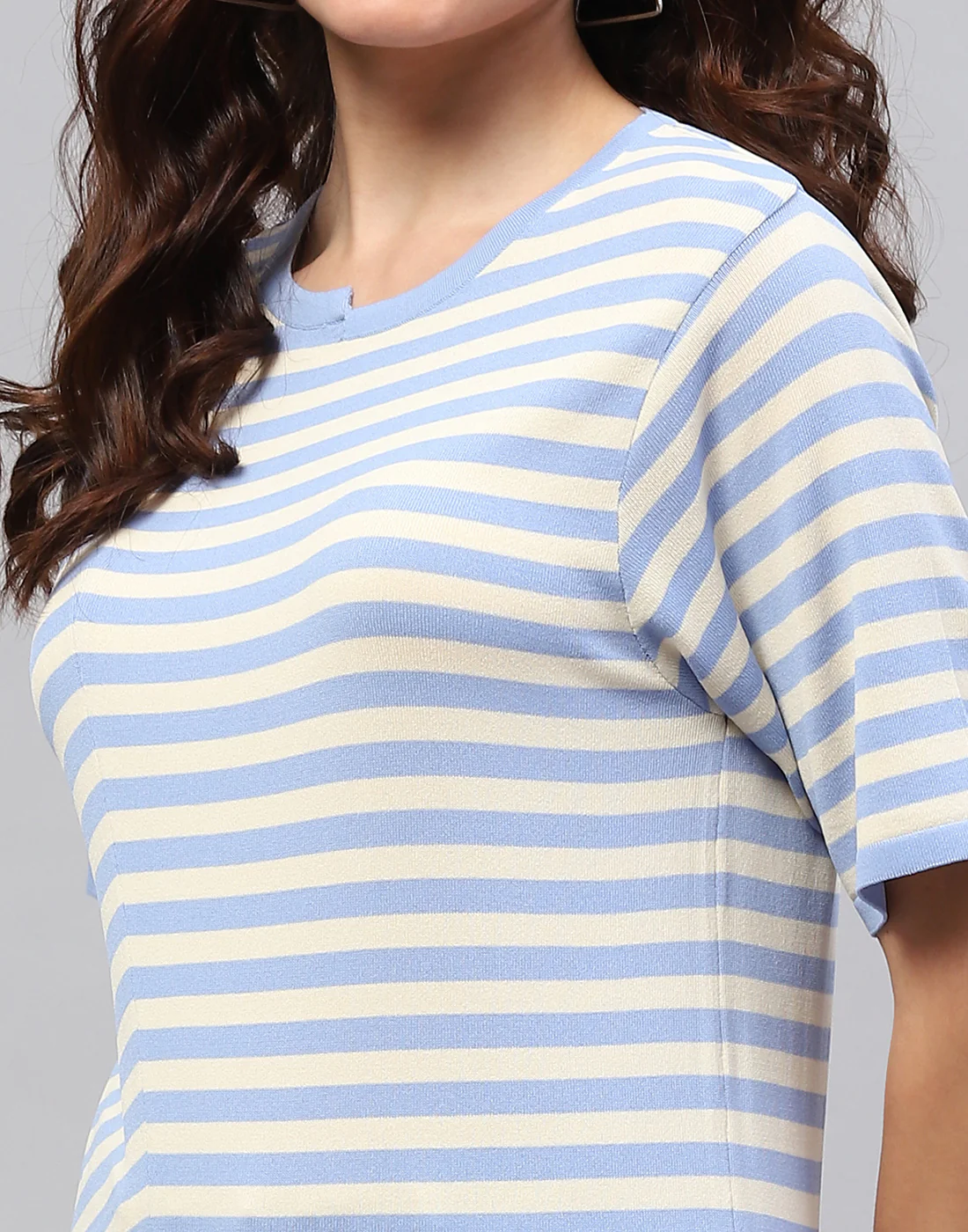 Women Sky Blue Stripe Round Neck Half Sleeve Top - Image 6