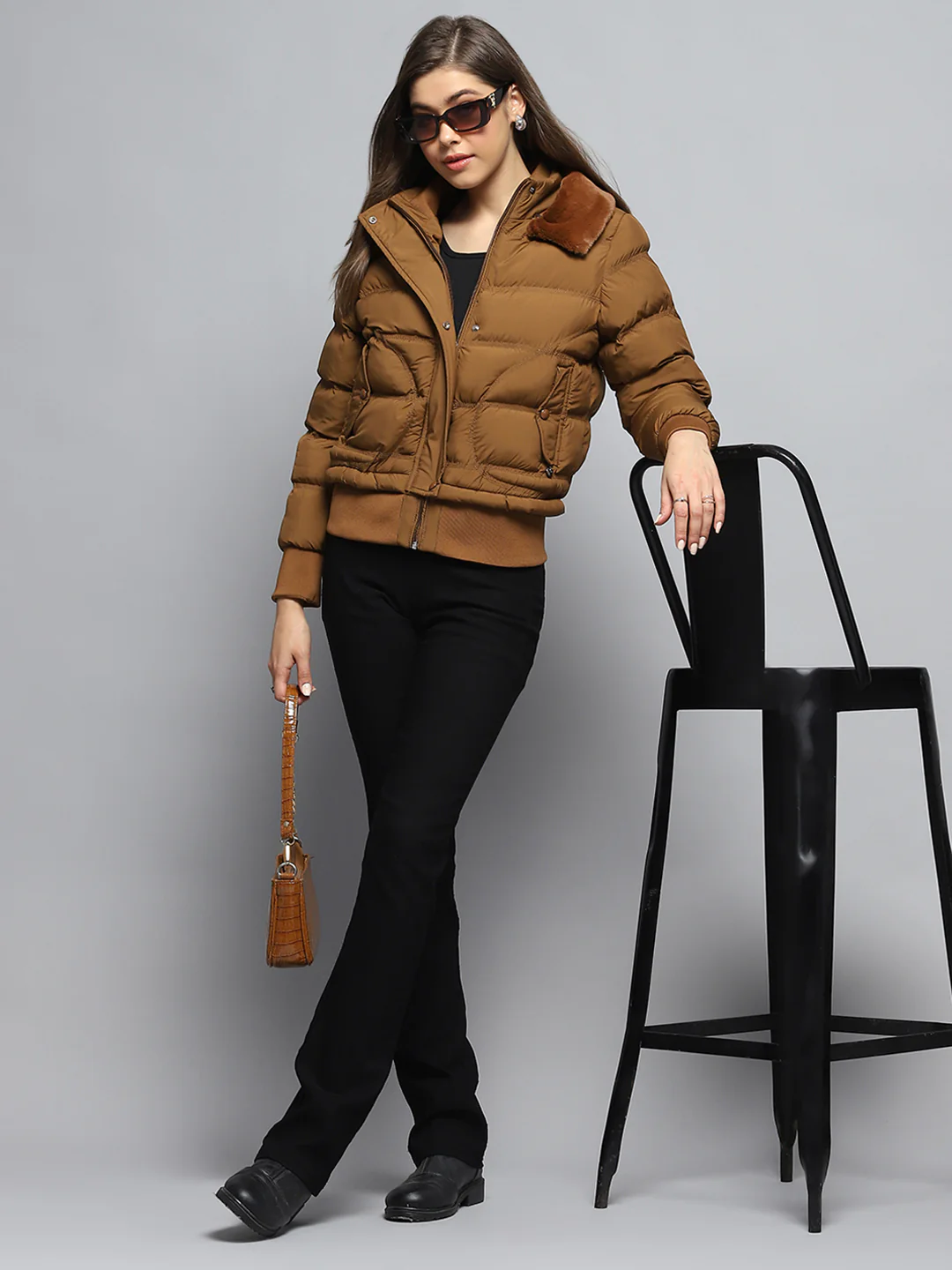 Women Tan Self Design Collar Full Sleeve Jacket - Image 2