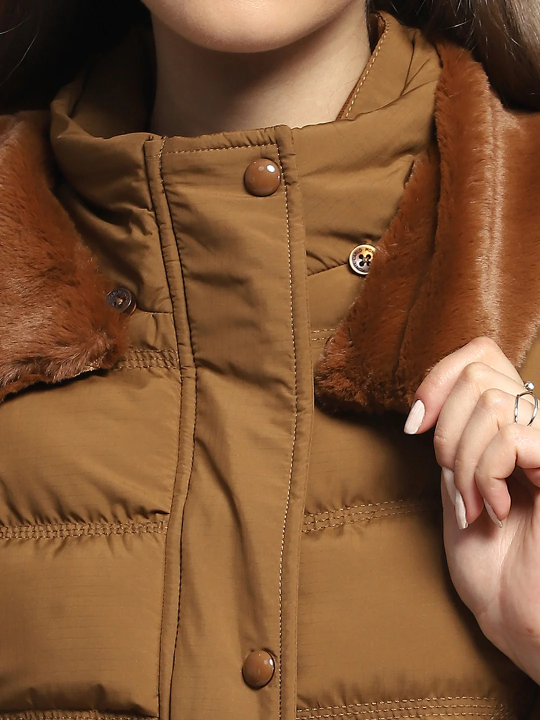 Women Tan Self Design Collar Full Sleeve Jacket - Image 9