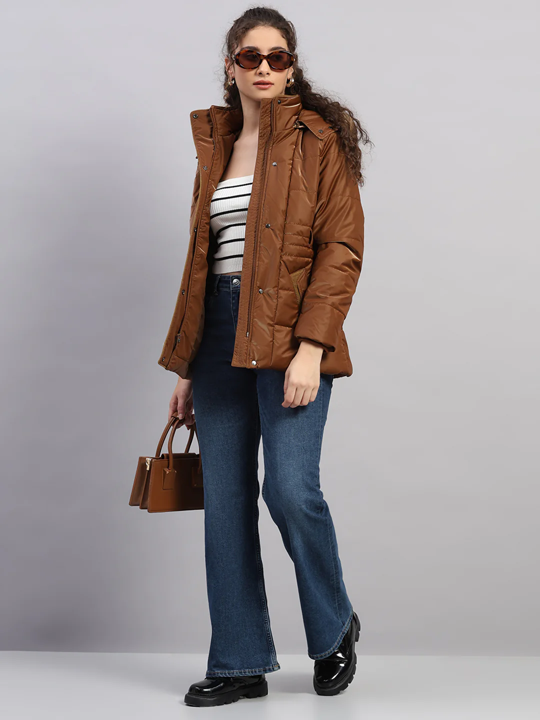 Women Tan Self Design Hooded Full Sleeve Jacket - Image 2