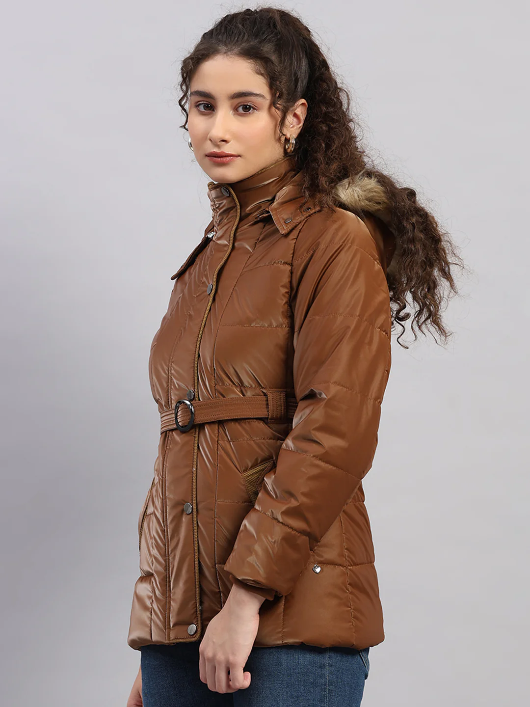 Women Tan Self Design Hooded Full Sleeve Jacket - Image 3