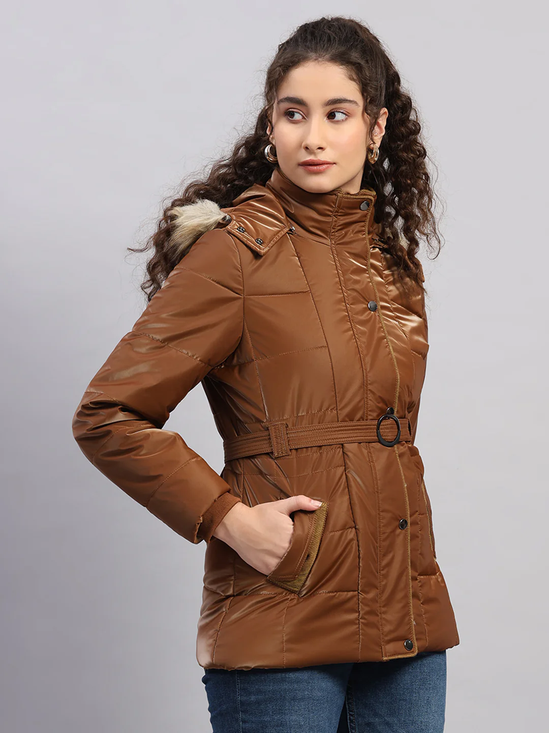Women Tan Self Design Hooded Full Sleeve Jacket - Image 4