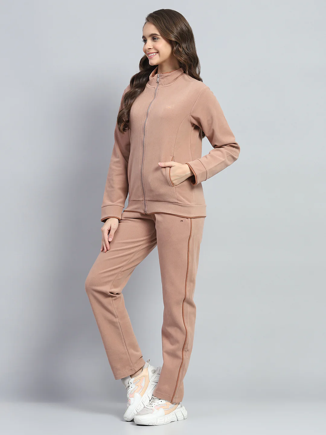 Women Tan Solid Mock Neck Full Sleeve Winter Tracksuit - Image 3