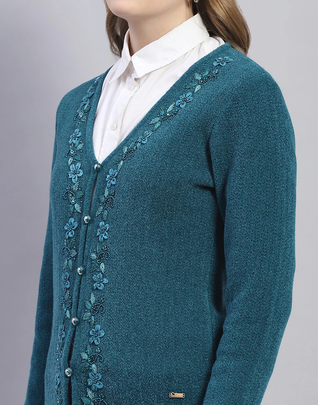 Women Teal Blue Embellished V Neck Full Sleeve Cardigan - Image 7