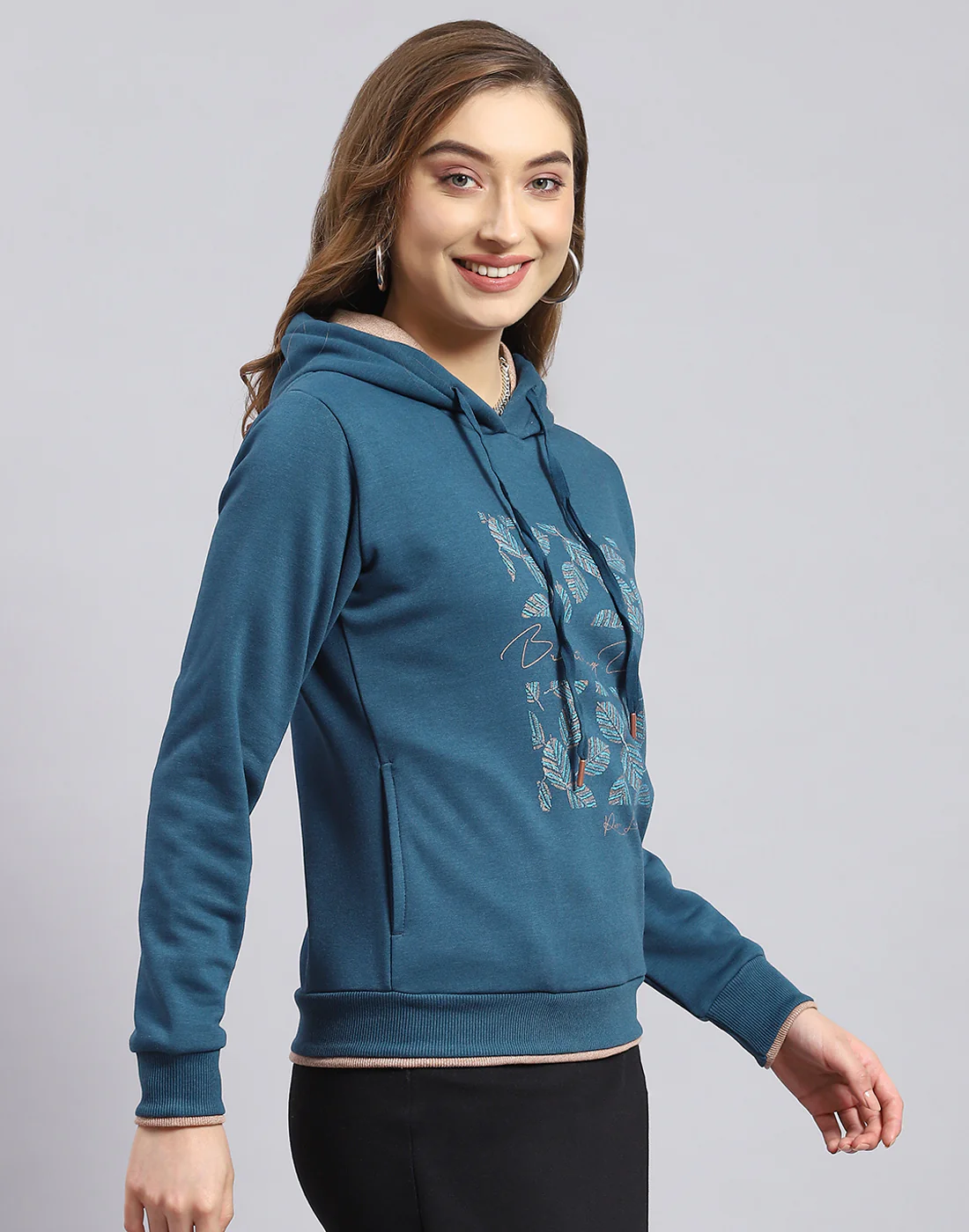 Women Teal Blue Embroidered Hooded Full Sleeve Sweatshirt - Image 4