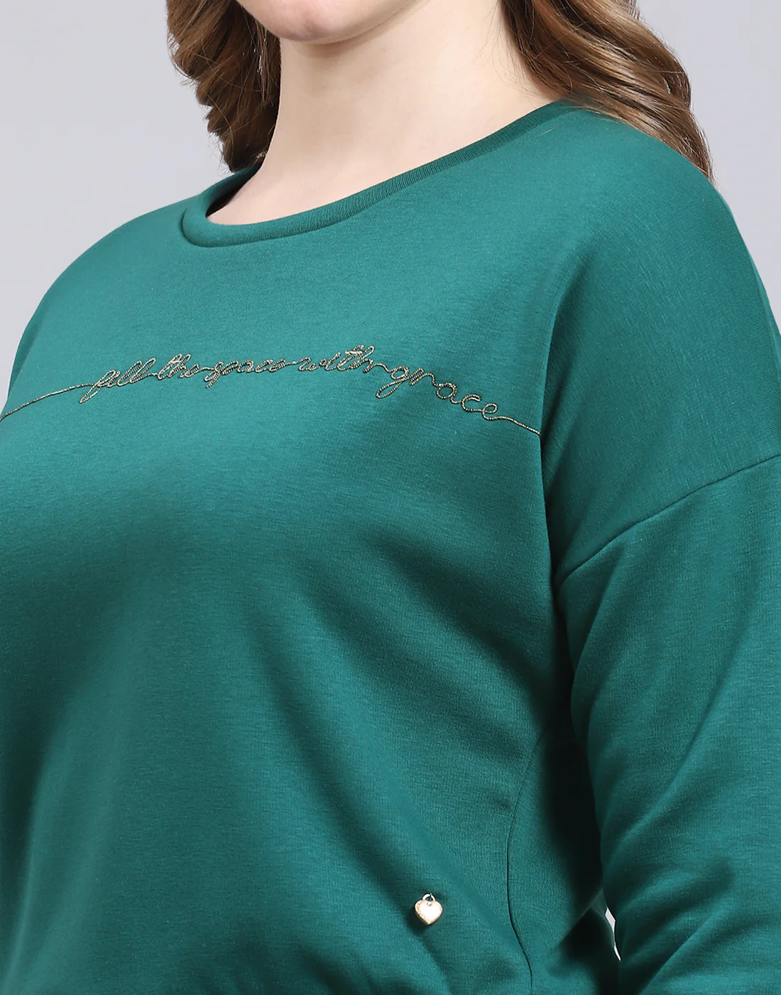 Women Teal Blue Embroidered Round Neck Full Sleeve Sweatshirt - Image 6