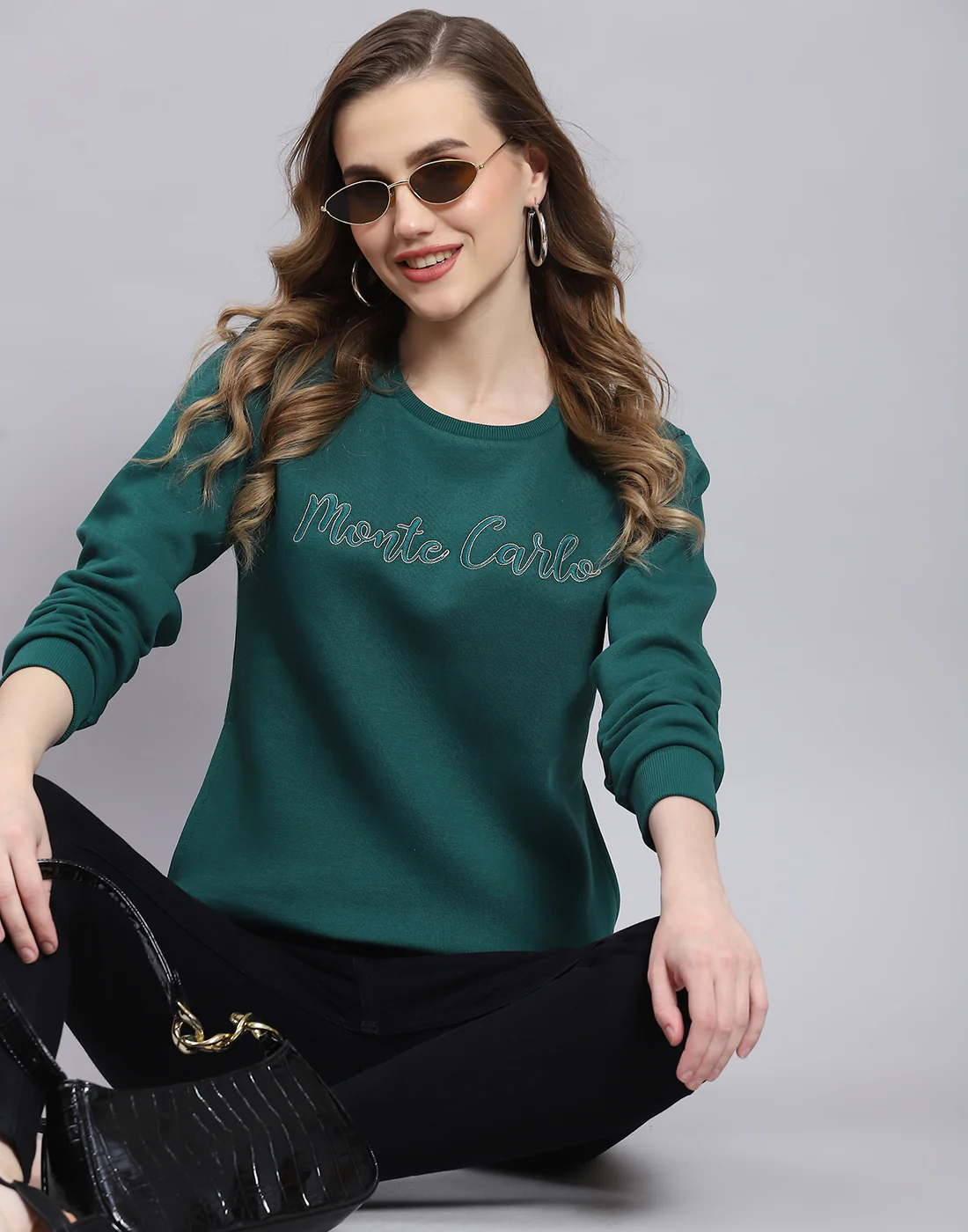 Women Teal Blue Embroidered Round Neck Full Sleeve Sweatshirt - Image 6