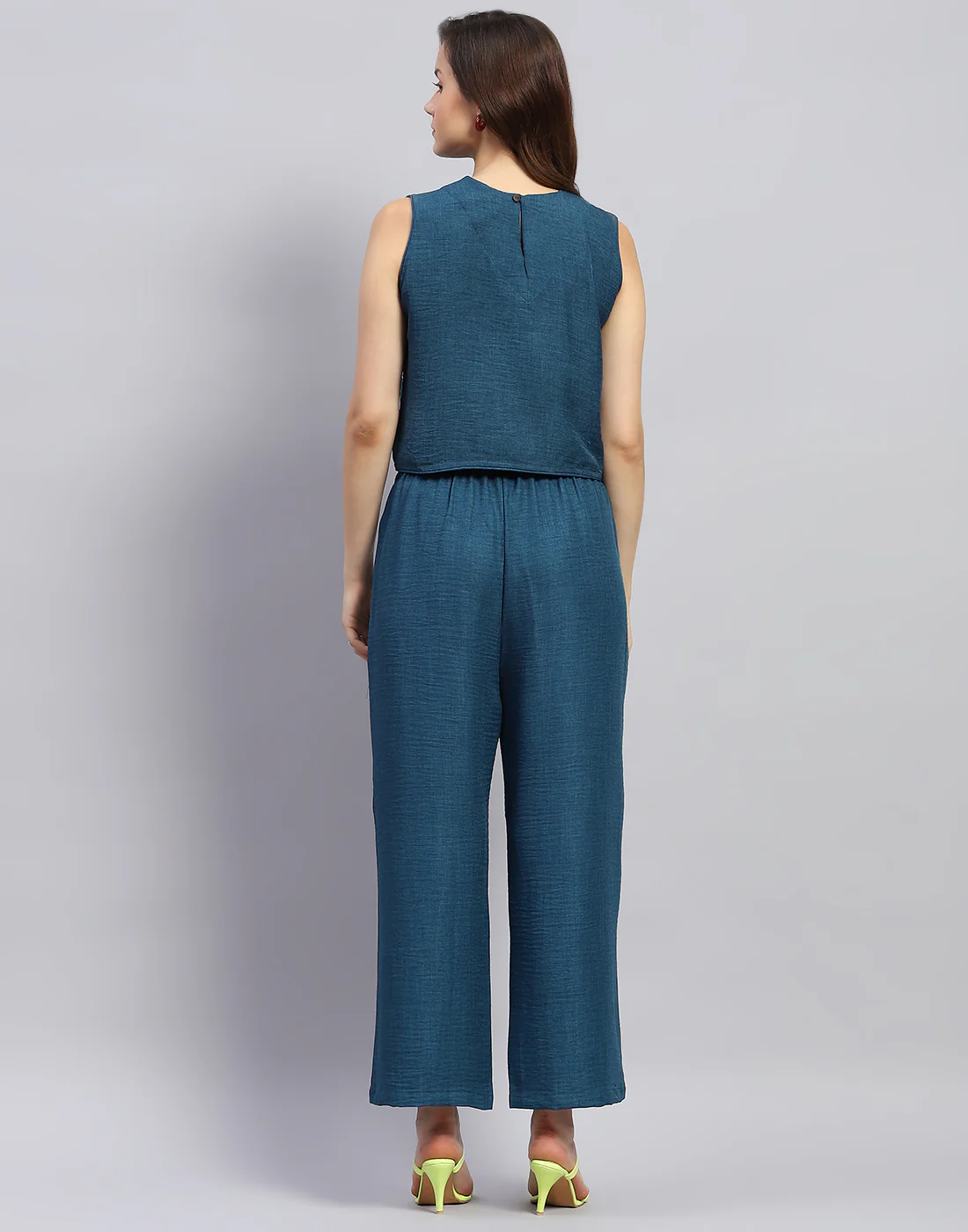 Women Teal Blue Floral Print Collar Neck Sleeveless Cords Set - Image 6