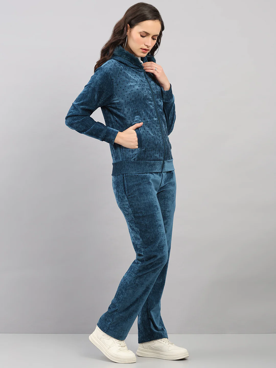 Women Teal Blue Polka Dots Hooded Full Sleeve Winter Tracksuit - Image 4