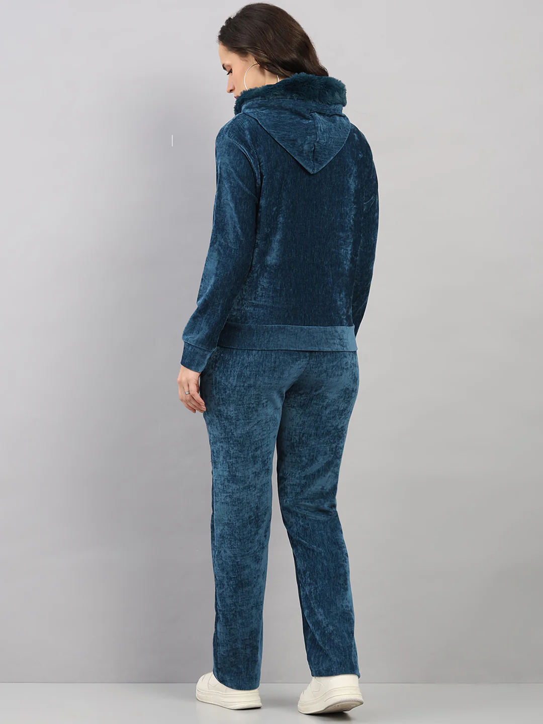 Women Teal Blue Polka Dots Hooded Full Sleeve Winter Tracksuit - Image 5
