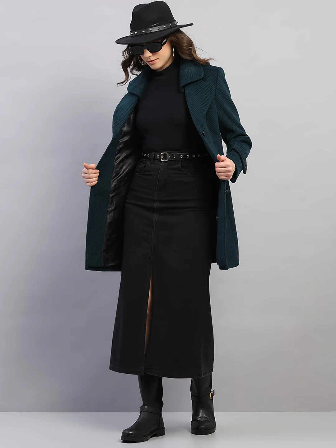 Women Teal Blue Printed Collar Full Sleeve Coat - Image 2