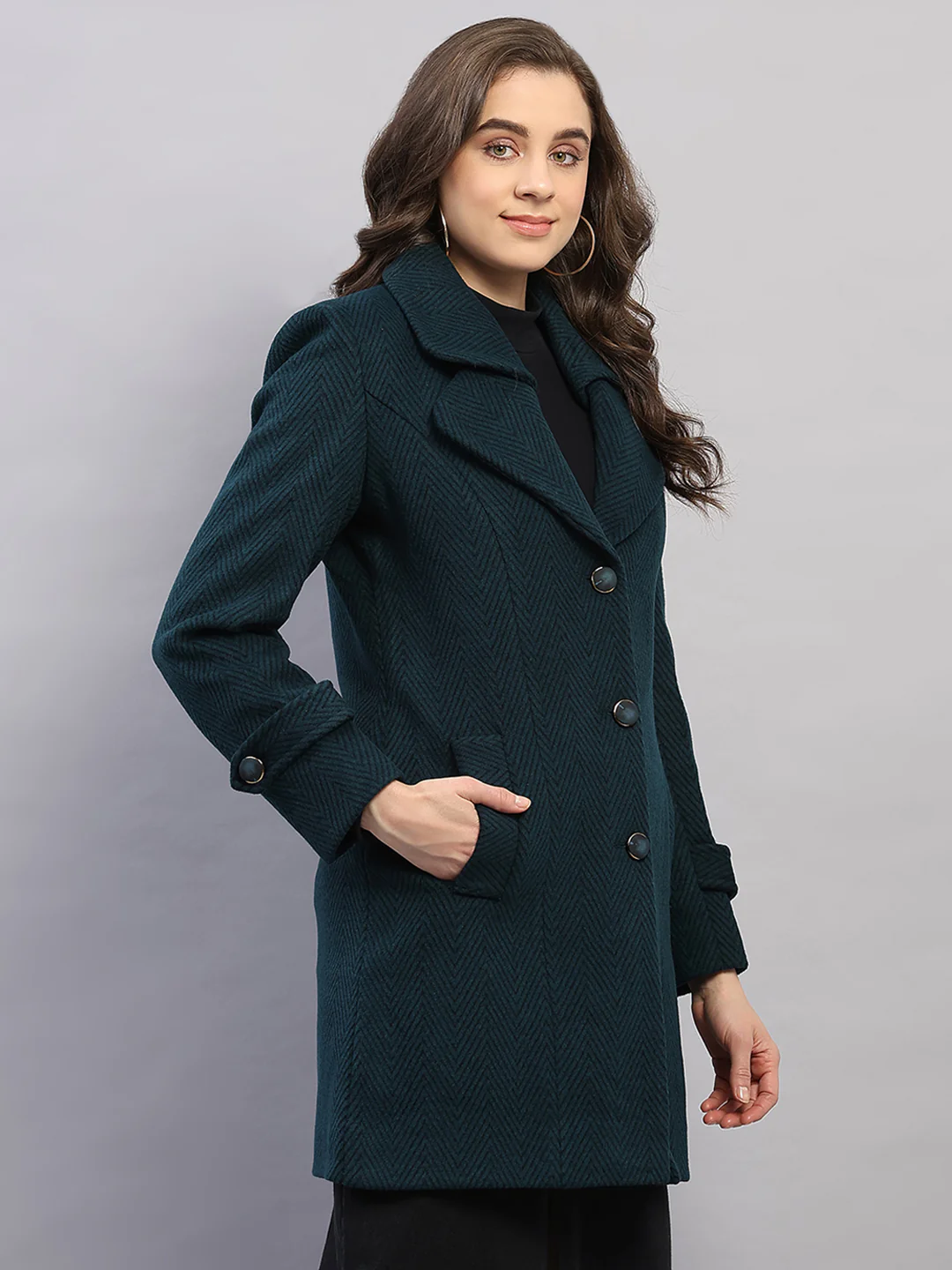 Women Teal Blue Printed Collar Full Sleeve Coat - Image 4