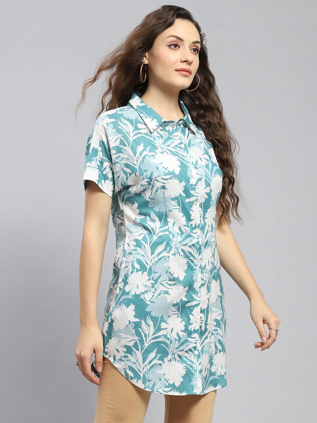 Women Teal Blue Printed Collar Half Sleeve Tunic - Image 5