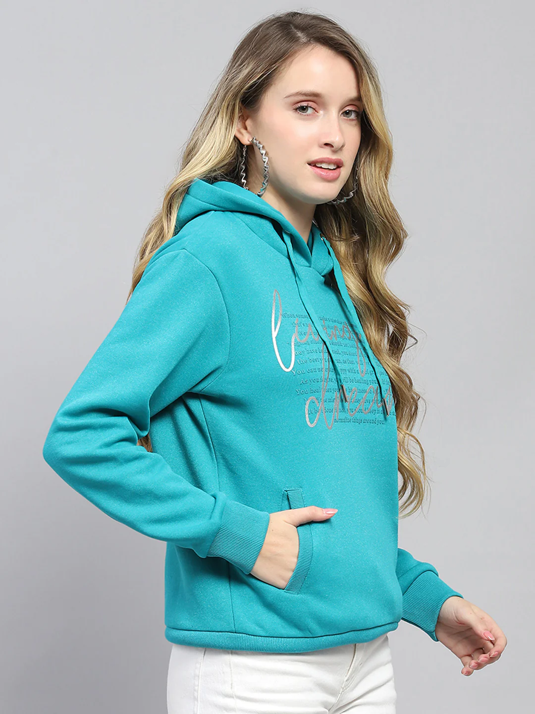 Women Teal Blue Printed Hooded Full Sleeve Sweatshirt - Image 4