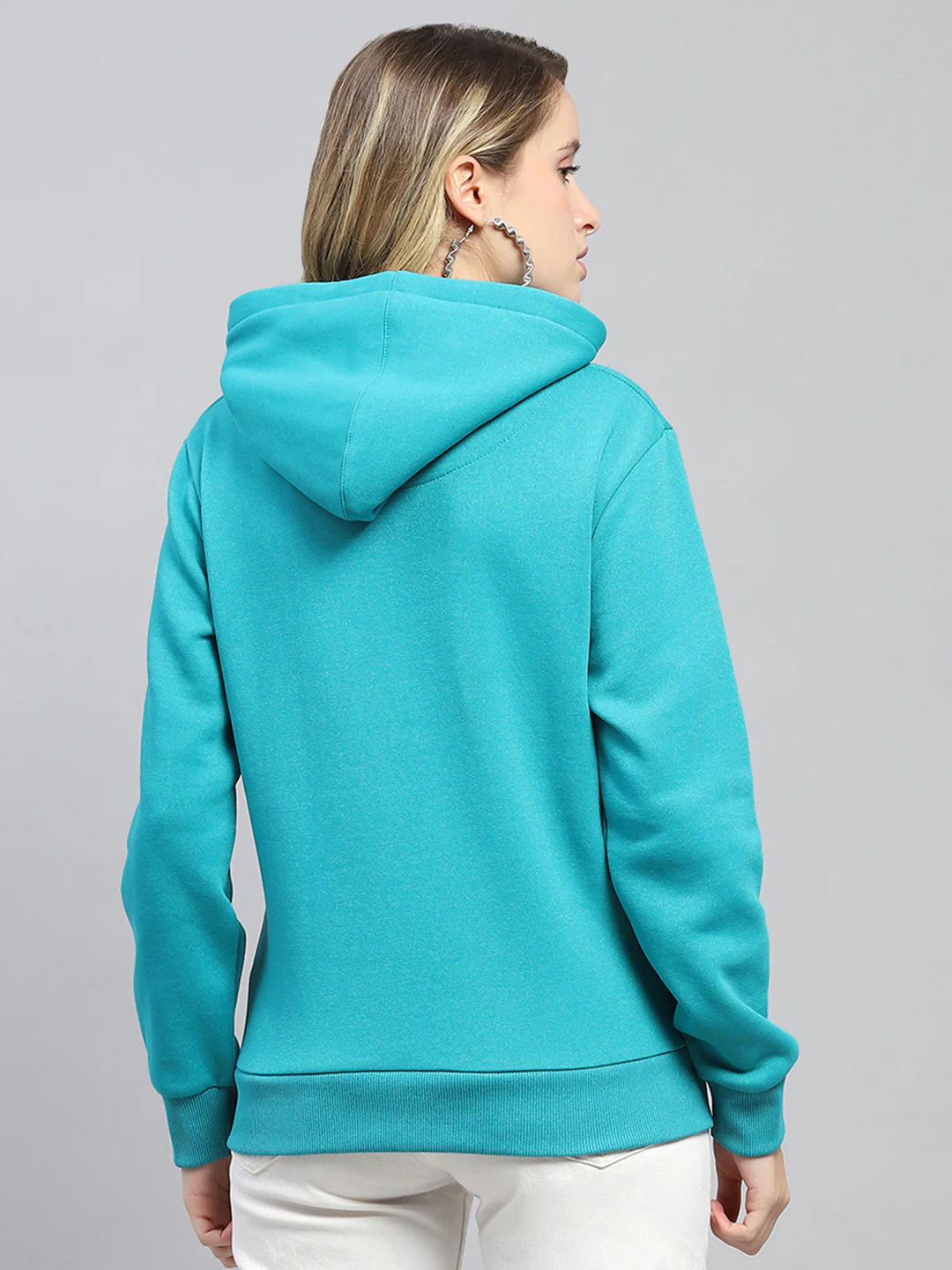 Women Teal Blue Printed Hooded Full Sleeve Sweatshirt - Image 5