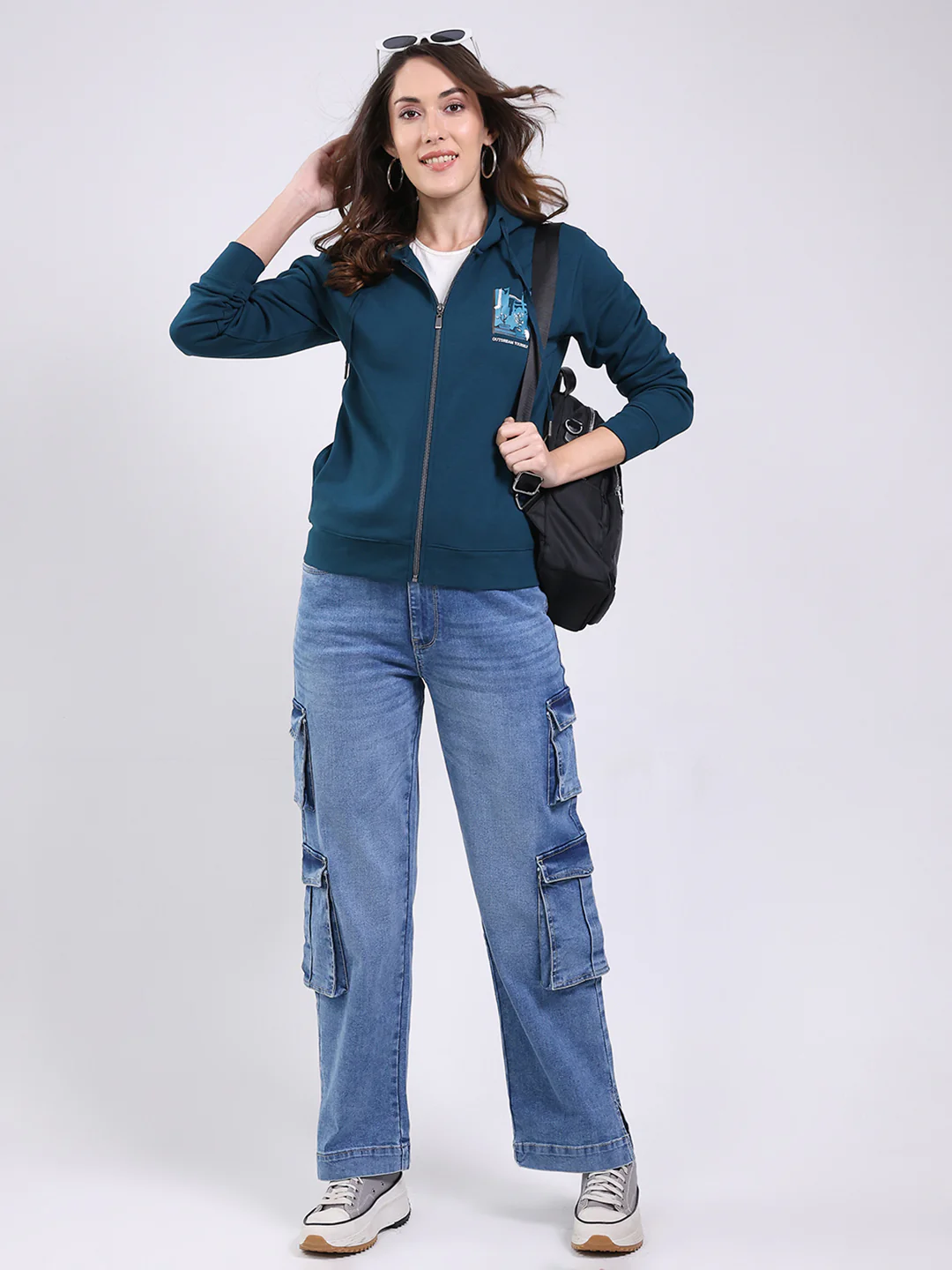 Women Teal Blue Printed Hooded Full Sleeve Sweatshirt - Image 2
