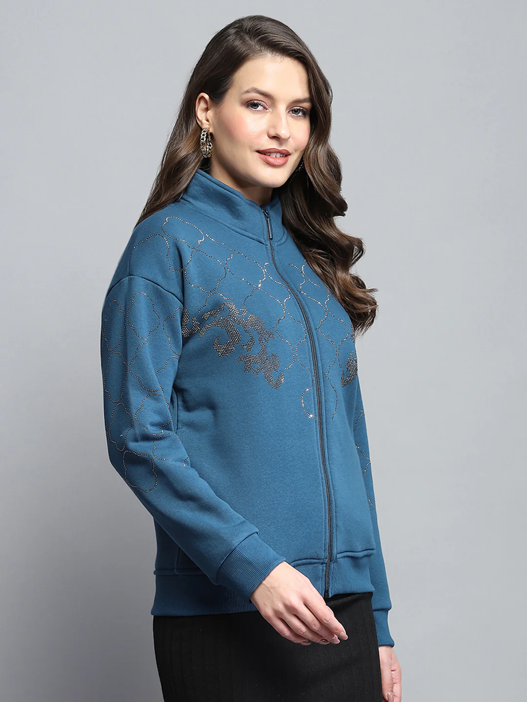 Women Teal Blue Printed Mock Neck Full Sleeve Sweatshirt - Image 4