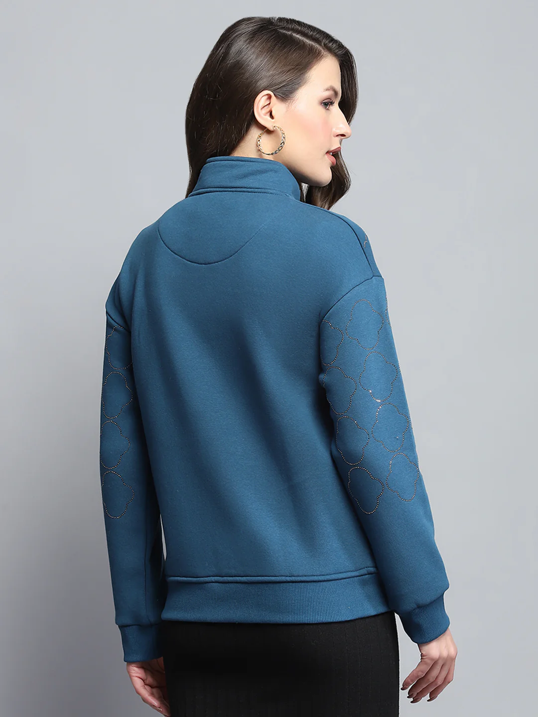 Women Teal Blue Printed Mock Neck Full Sleeve Sweatshirt - Image 5