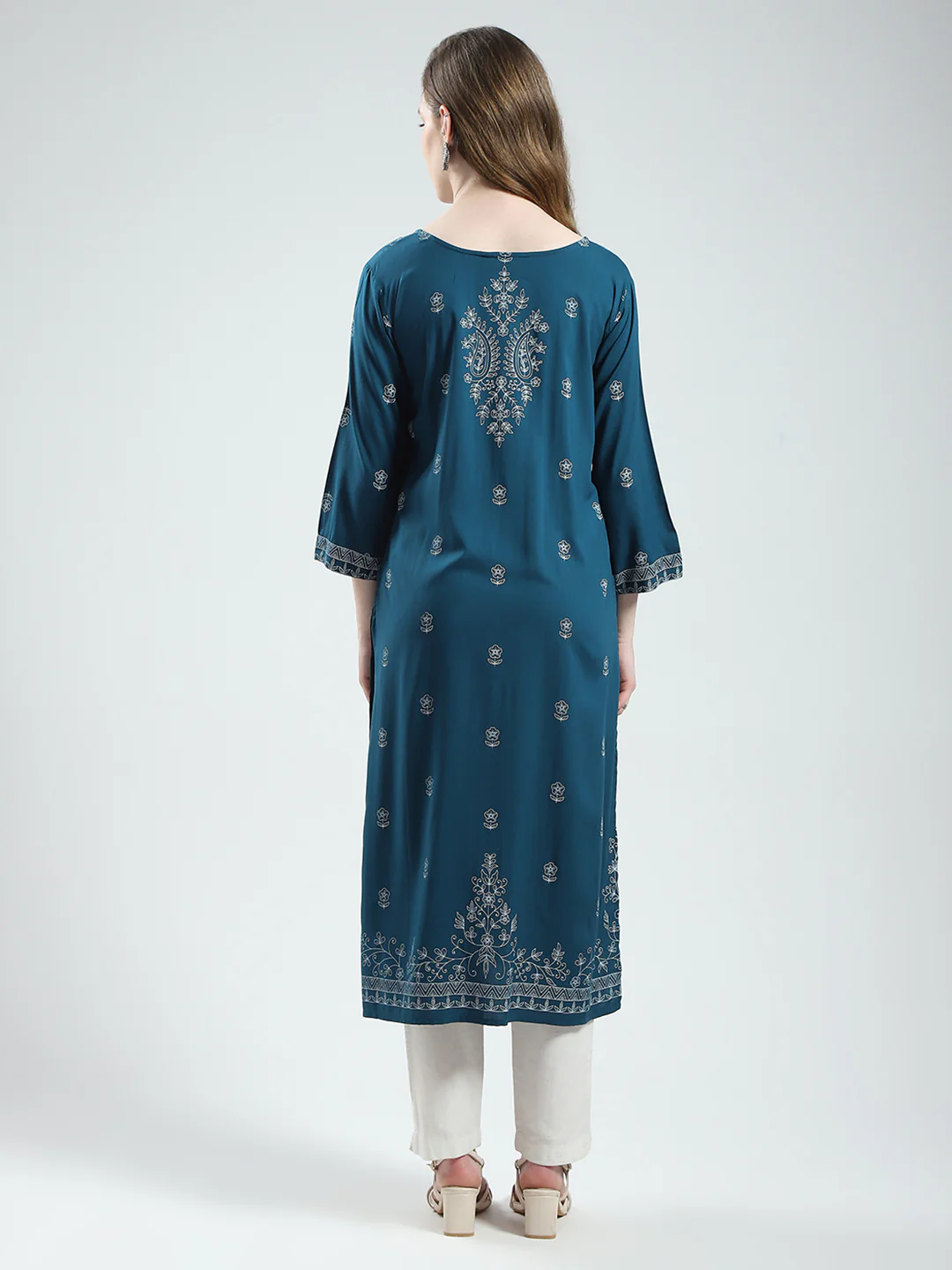 Women Teal Blue Printed Round Neck 3/4th Sleeve Kurti - Image 5