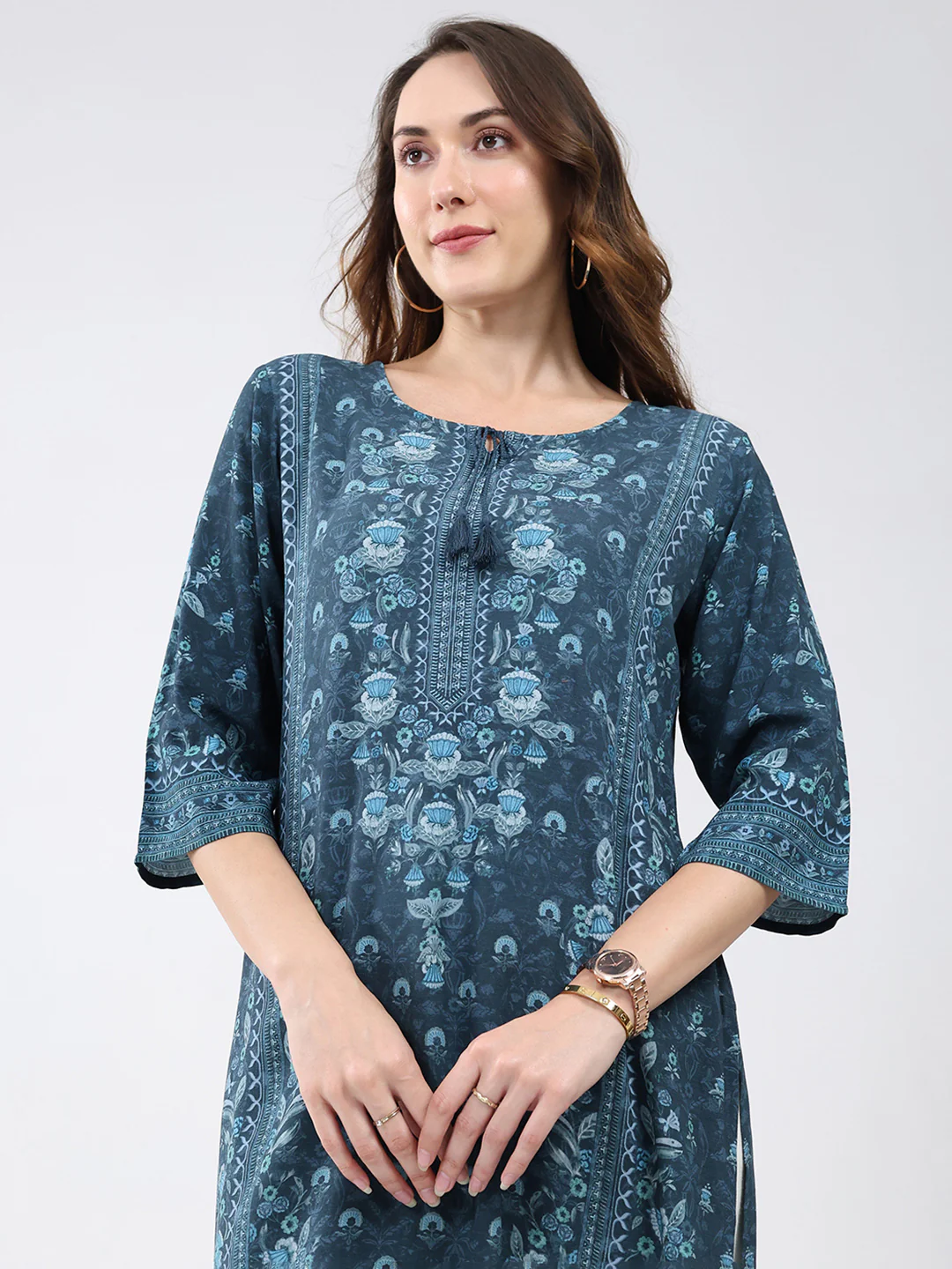 Women Teal Blue Printed Round Neck 3/4th Sleeve Winter Kurti - Image 7