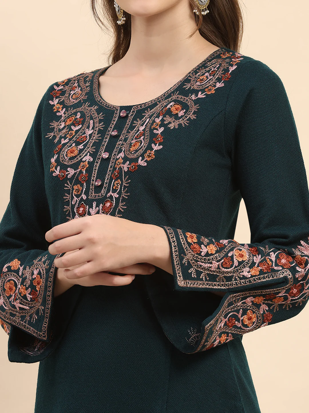 Women Teal Blue Printed Round Neck Full Sleeve Kurti Set for Winter - Image 8