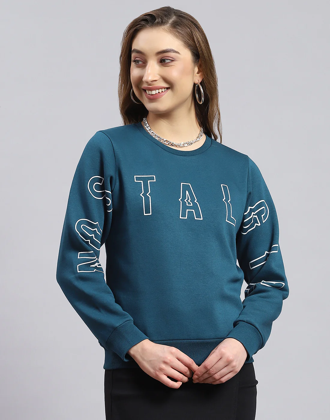 Women Teal Blue Printed Round Neck Full Sleeve Sweatshirt - Image 2