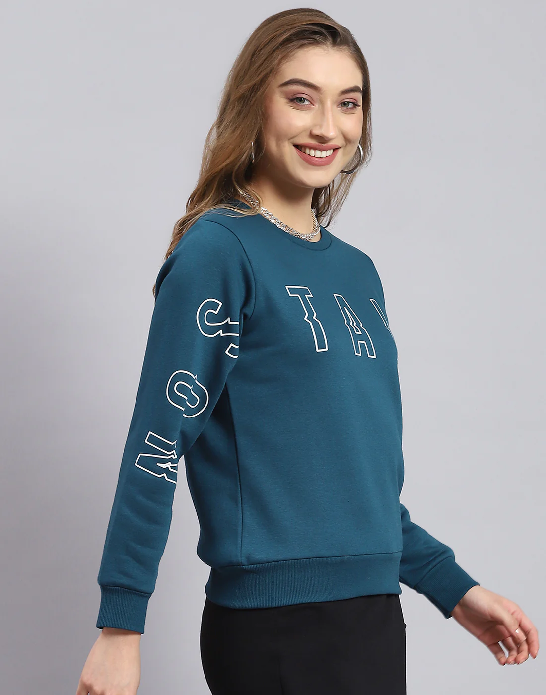 Women Teal Blue Printed Round Neck Full Sleeve Sweatshirt - Image 5