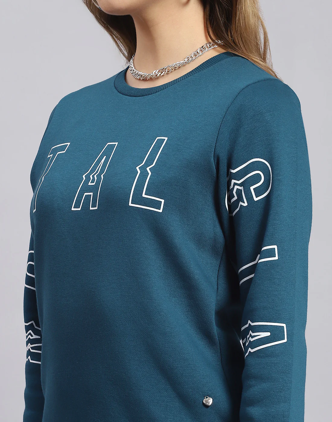 Women Teal Blue Printed Round Neck Full Sleeve Sweatshirt - Image 7