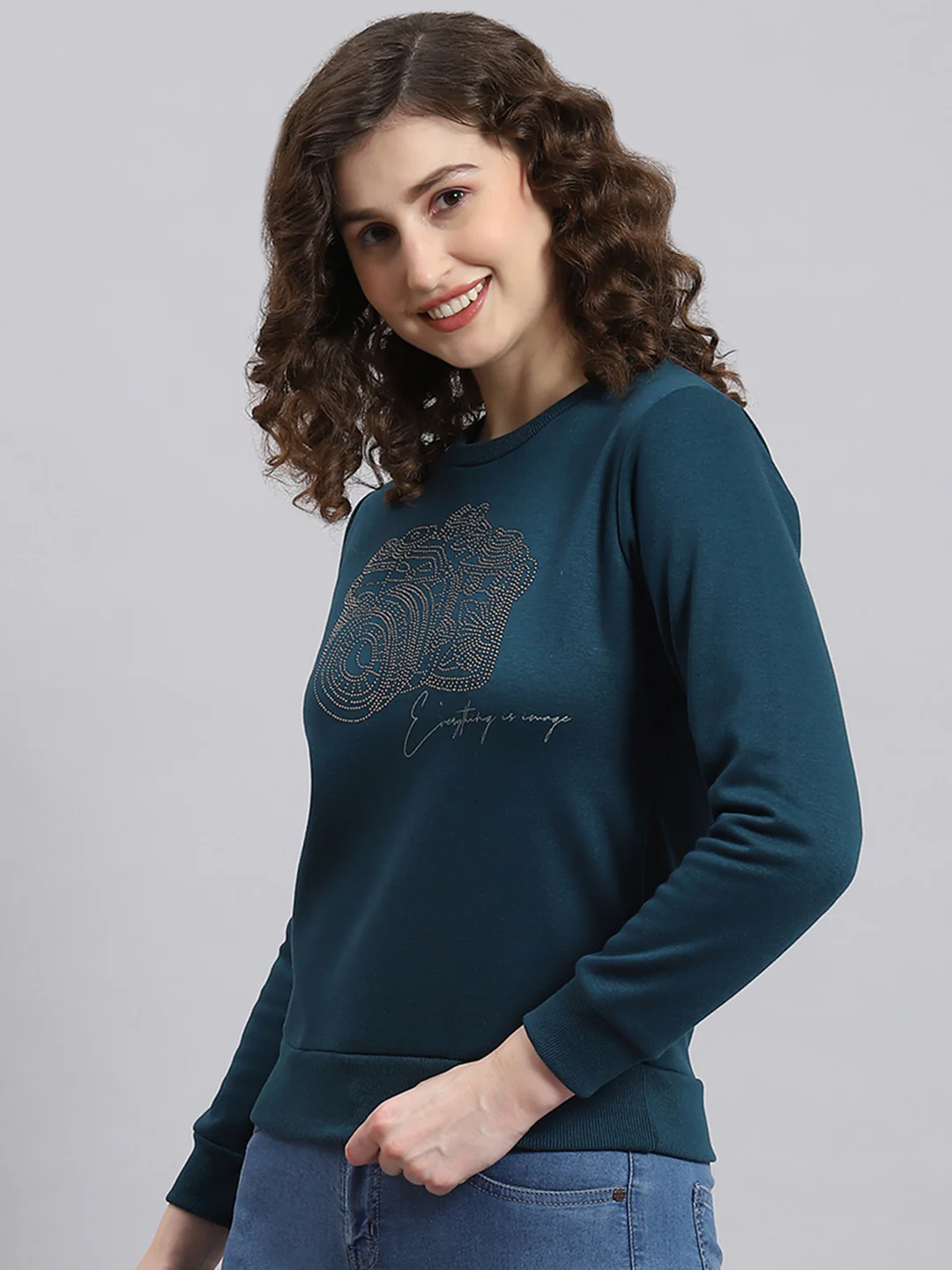 Women Teal Blue Printed Round Neck Full Sleeve Sweatshirt - Image 3
