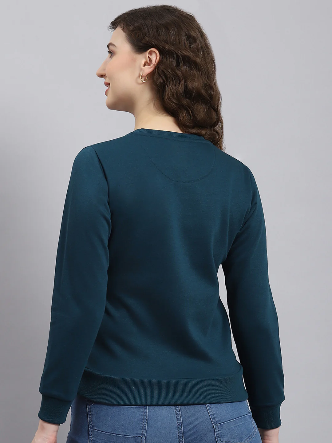 Women Teal Blue Printed Round Neck Full Sleeve Sweatshirt - Image 5