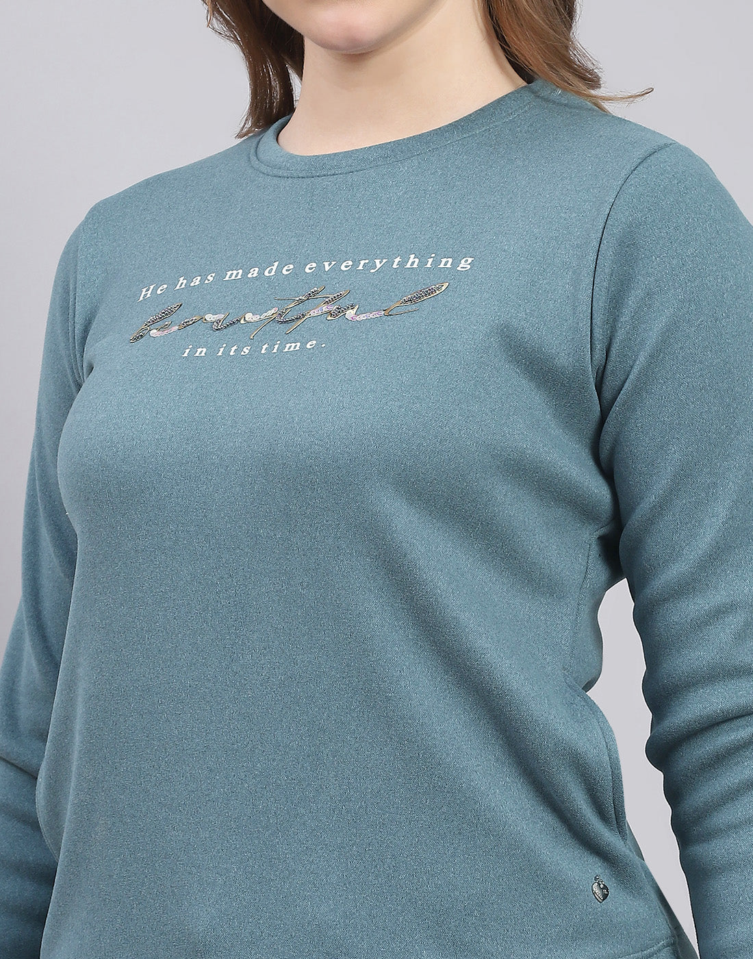 Women Teal Blue Printed Round Neck Full Sleeve Sweatshirt - Image 7
