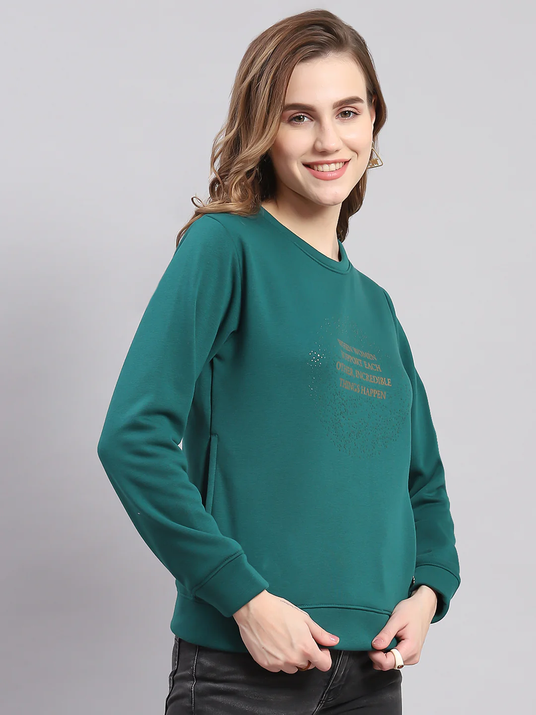 Women Teal Blue Printed Round Neck Full Sleeve Sweatshirts - Image 4