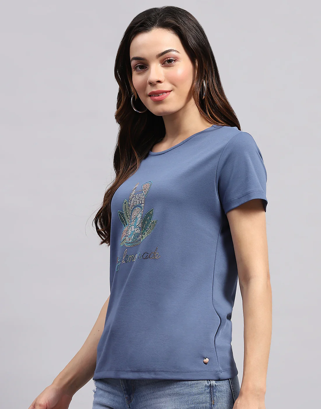 Women Teal Blue Printed Round Neck Half Sleeve Top - Image 3
