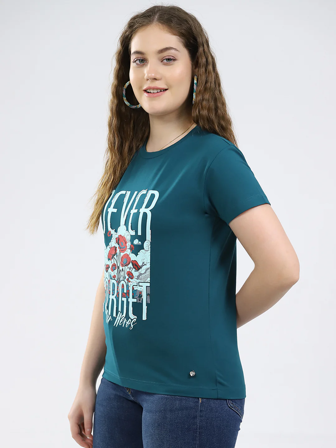Women Teal Blue Printed Round Neck Half Sleeve Top - Image 3