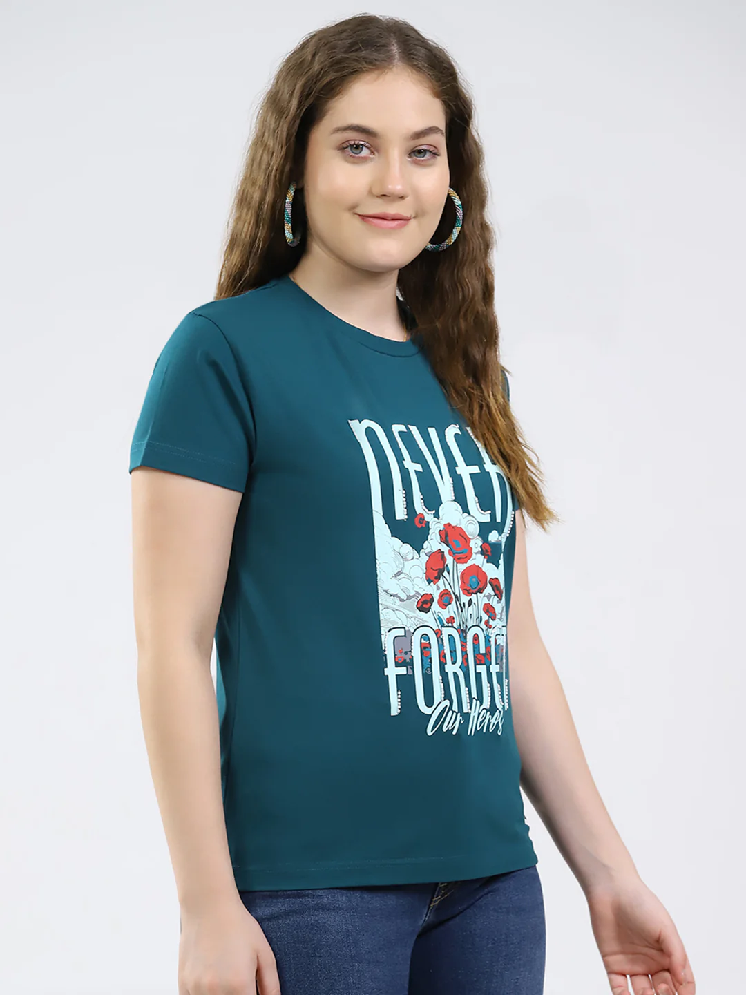 Women Teal Blue Printed Round Neck Half Sleeve Top - Image 4