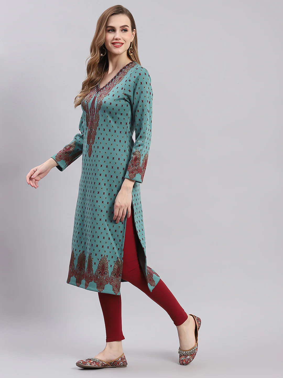 Women Teal Blue Printed V Neck Full Sleeve Kurtis - Image 3