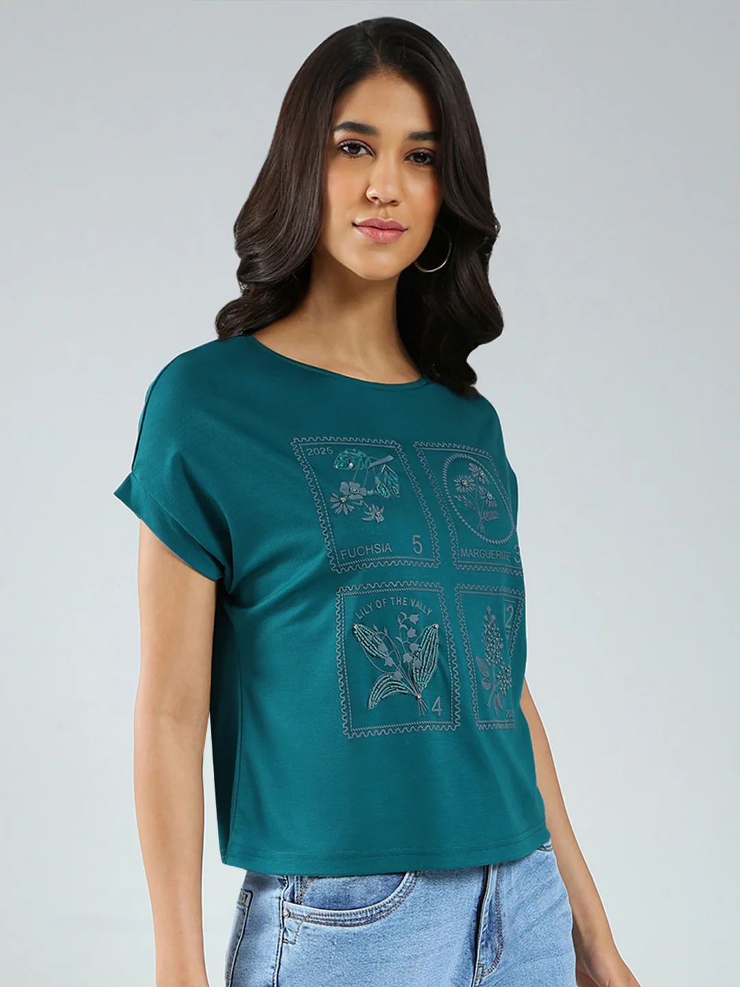Women Teal Blue Printed Round Neck Half Sleeve Top - Image 4