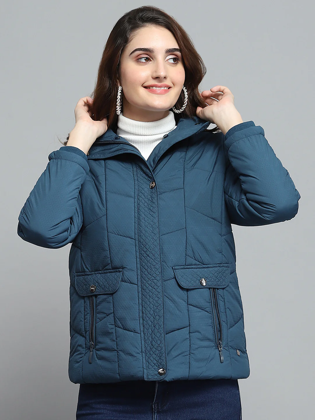 Women Teal Blue Self Design Collar Full Sleeve Jacket - Image 7