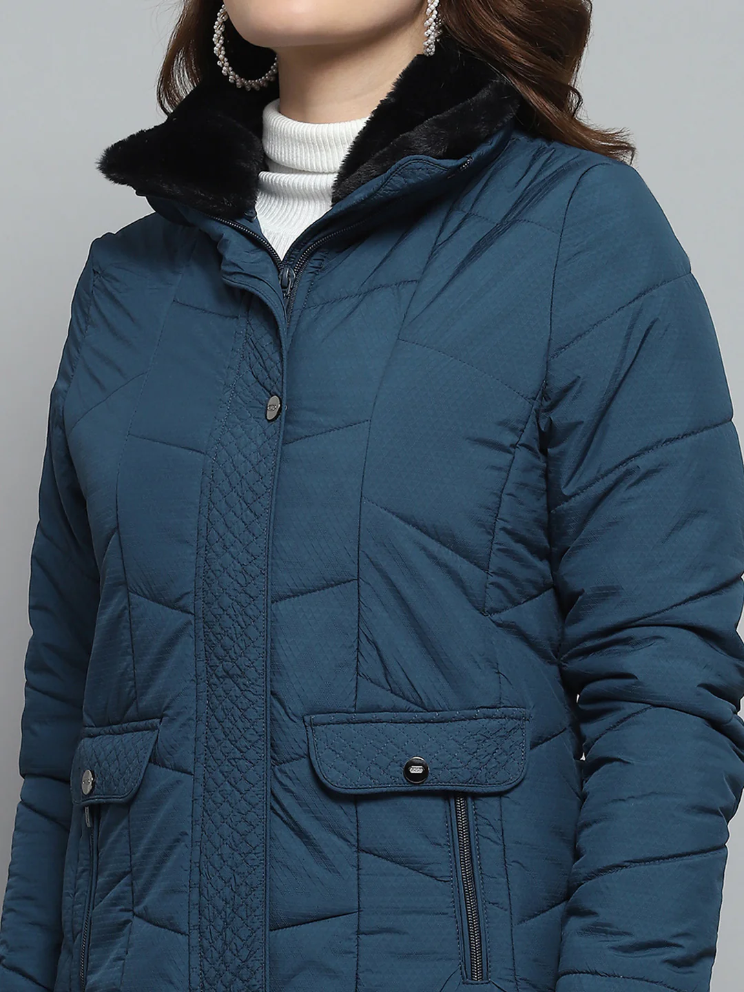 Women Teal Blue Self Design Collar Full Sleeve Jacket - Image 8