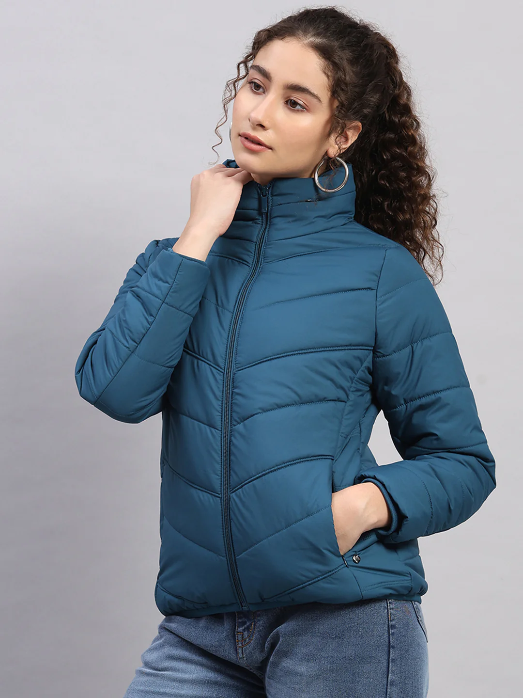 Women Teal Blue Self Design Collar Full Sleeve Jacket - Image 3