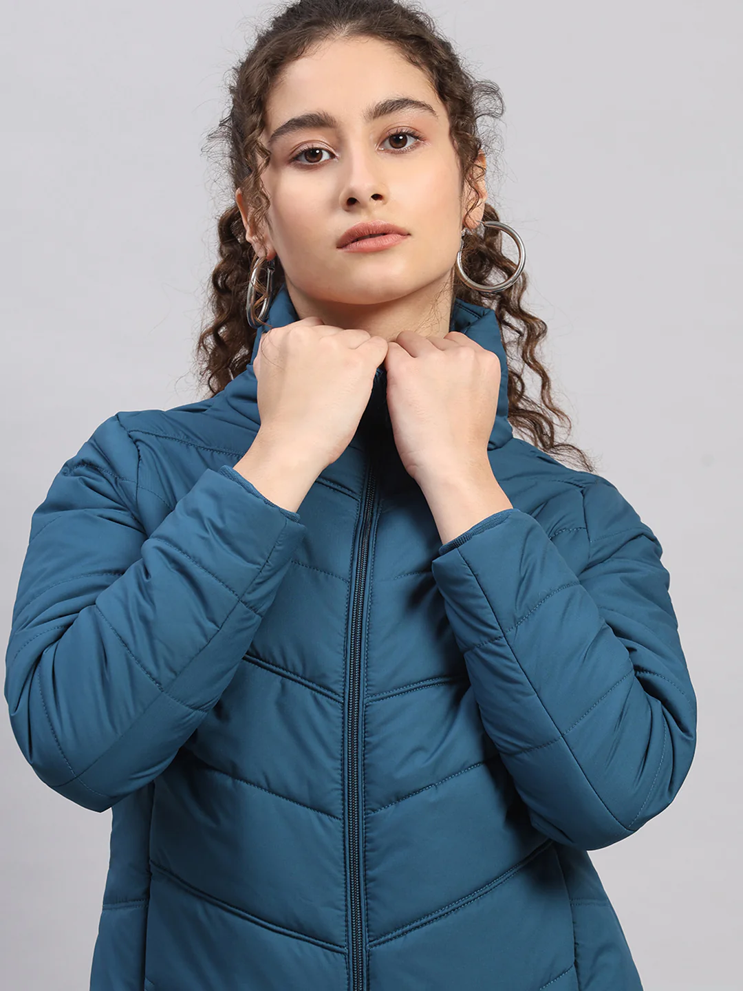 Women Teal Blue Self Design Collar Full Sleeve Jacket - Image 7